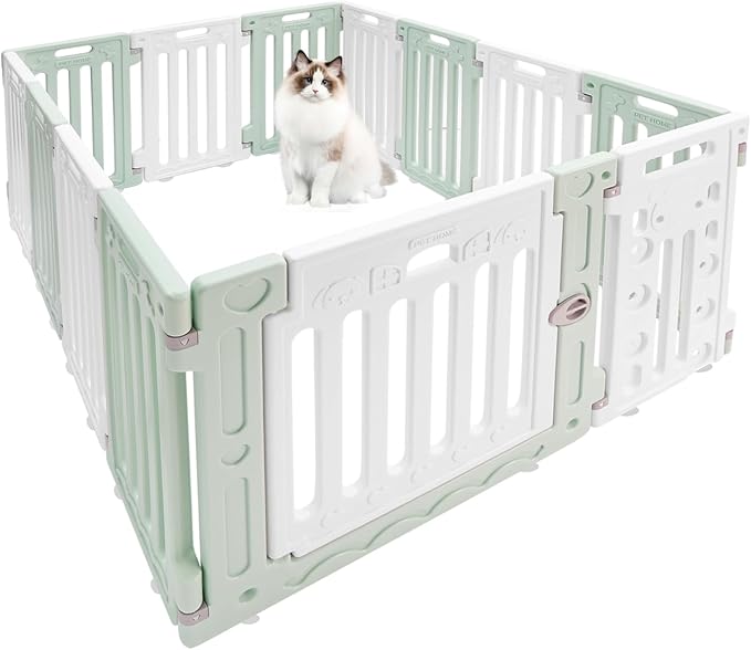 13pcs Dog Playpen w/Door Plastic Puppy Playpen Pet Exercise Pen Indoor Outdoor Fence Configurable Panels Secure Pet Gate for Small to Medium Pets (Green White)