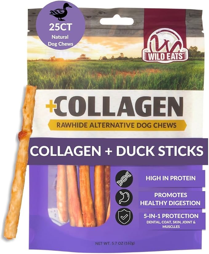 Wild Eats Real Duck Collagen Bully Sticks for Dogs (25 Pack,5 Inch) Long Lasting Dog Chews No Hide Dog Treat Bully Stick Alternative, Rawhide Free, Grain Free, High Protein