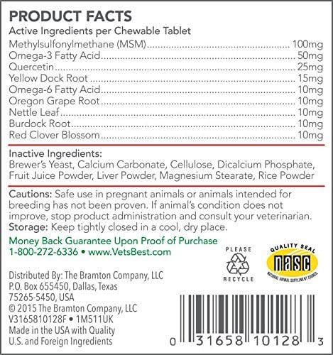 Vet's Best Healthy Coat Shed & Itch Relief Tablets for Allergies, 50 Count | Helps Reduce Shedding & Skin Irritation, Supports Healthy Skin & Coat, Daily Chewable Supplement for Dogs