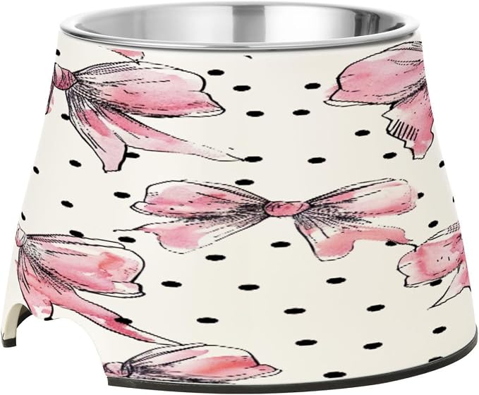 YETTASBIN Bow Pink Elevated Dog Bowls, Prevention of Vertebrae Disease Raised Dog & Cat Bowl Stand with Removable Stainless Steel Bowls, Non-Slip Spill-Proof Pet Food & Water Bowl Dish