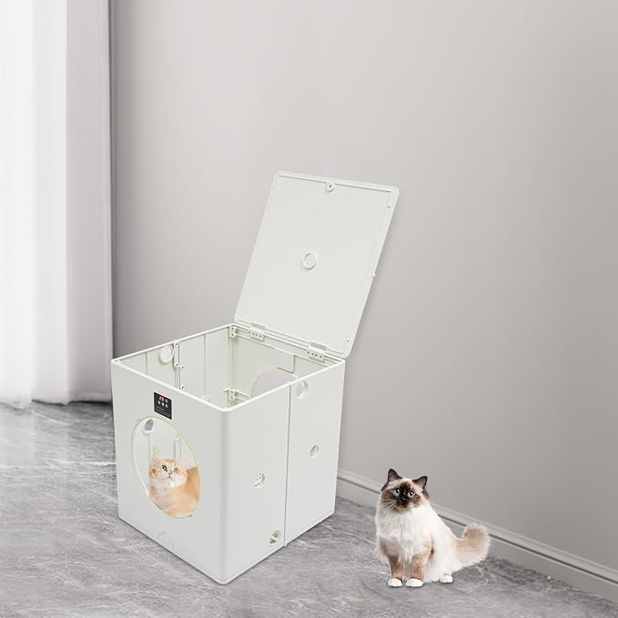 Pet Dryer Box for Dogs Cats, 800W Large Foldable Hair Drying Cabin, 79.9Qt | 6 Air Vents, Adjustable Temp & Timer, Quiet, Portable Grooming Bed, Child Lock, White, 44lb Capacity, Button Control