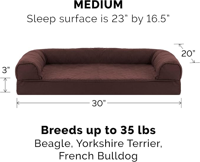 Furhaven Memory Foam Dog Bed for Medium/Small Dogs w/ Removable Bolsters & Washable Cover, For Dogs Up to 35 lbs - Quilted Sofa - Coffee, Medium