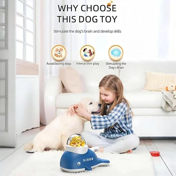 Interactive Dog Treat Dispenser Toy, Whale Shape Puzzle Feeder with Press Button and Rotating Design, Blue and White, Slow Feeding Game for Dogs and Cats