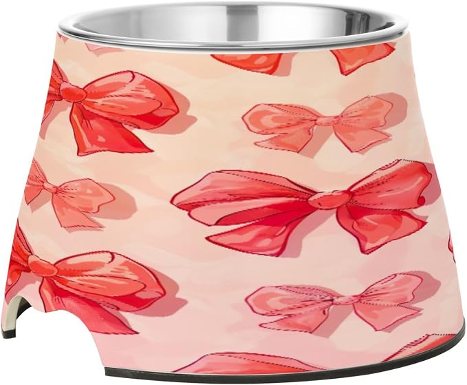 Blueangle Elevated Dog Bowls with Stainless Steel - Non-Slip 2.3 Cup High Capacity Pet Dish for Spinal Health & Red Bows Design（171）