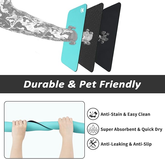 HotLive Dog Food Mat - Absorbent Cat Mat for Food and Water, No Stains Pet Feeding Bowl Mat, Easy to Clean Pet Placemats, Quick Dry Dog Water Dispenser Mat for Messy Drinkers | Paw Teal 18"x34"