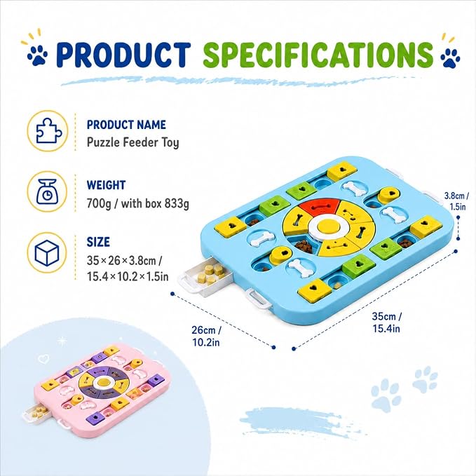 Interactive Dog Puzzle Toy, Maze Slow Feeder, 15.4 in | Dog Treat Puzzle, ABS and PP plastic, non-slip rubber feet, top-rack dishwasher care, light blue, Cat Treat Puzzle