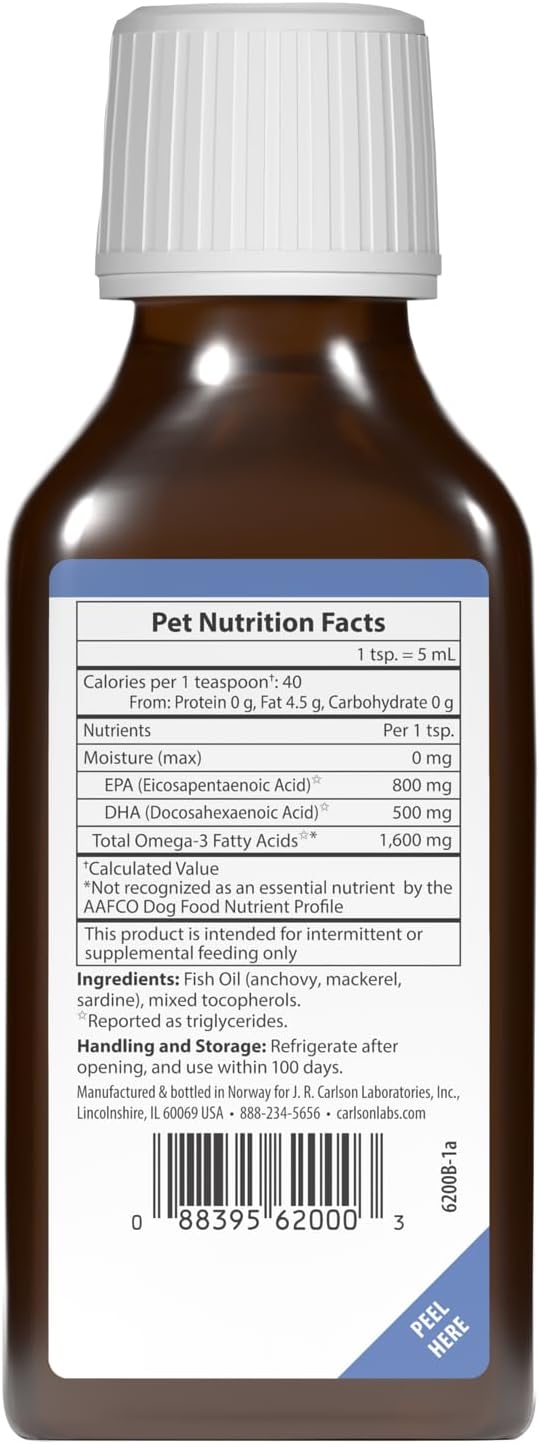 Carlson Omega-3 Fish Oil Liquid for Dogs, Supports Skin & Coat, Joint & Heart Health, Liquid Dog Supplement, 3.3 fl oz