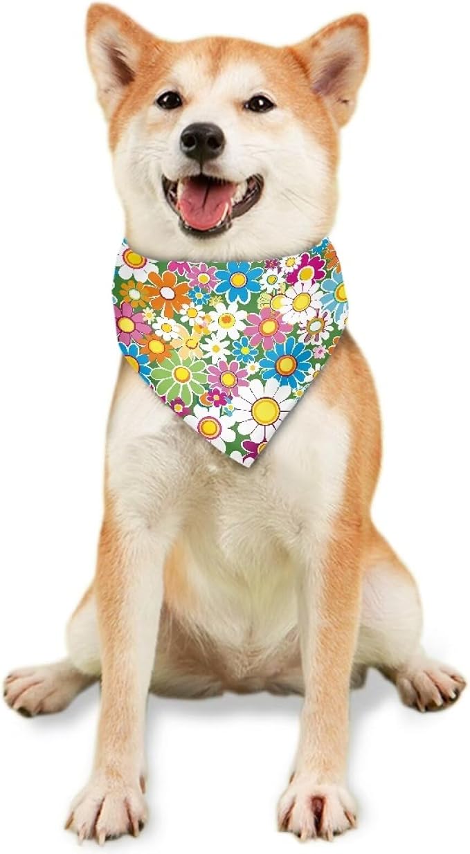 Forchrinse Hippie Floral Dog Bandanas Triangle Bib Scarf Dog Kerchief Adjustable Pet Costume for, One Size, Small
