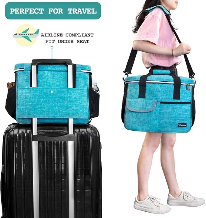 PetAmi Dog Travel Bag Organizer with Food Container & Bowls, Sea Blue, Medium