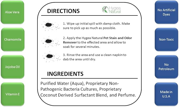 Hygea Natural Stain and Odor Eliminator, Pet Odor and Stain Remover for Urine & Vomit, Spot Carpet Cleaner for Small Animal, 16 Oz