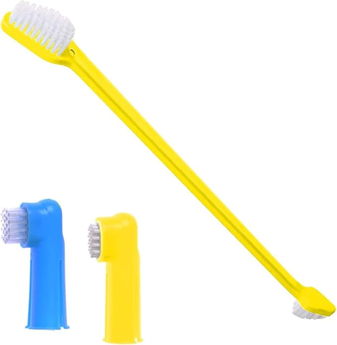 SunGrow Dog Toothbrush Set, Dual-Headed Brush, 2 Bonus Finger Brushes Included, Removes Plaque, freshens Dog's Breath, Use with Dog Toothpaste, 3 Pcs