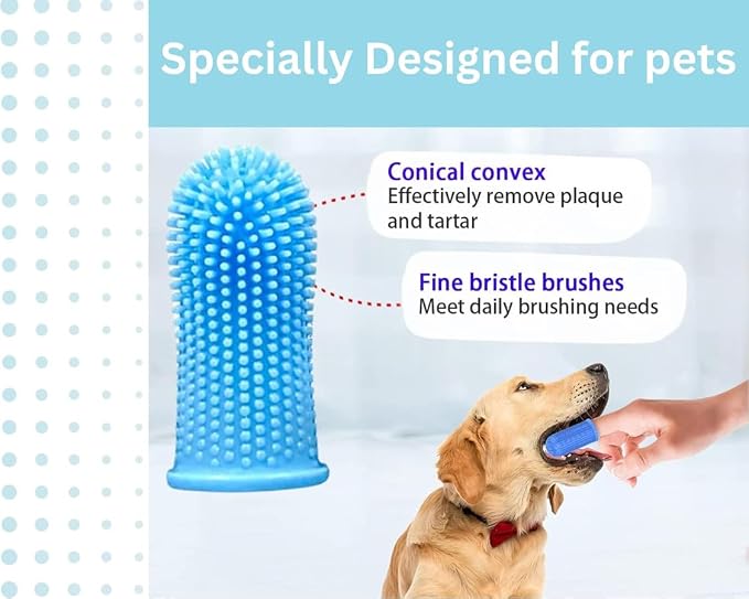 Gomoly Pet Toothbrush, 360 ° Dog Tooth Cleaning Set, Cat Finger Cover Toot-hbrush for Cleaning Tongue Coating and Tooth Care, Pet Silicone Finger Cover Toothbrush Set of 2 with Case (Blue),Large
