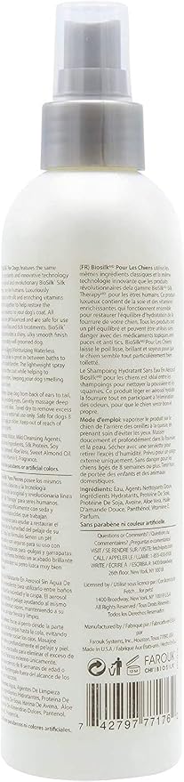 BioSilk for Dogs Silk Therapy Deep Moisture Waterless Shampoo Spray, No Rinse Between-Bath Dog Grooming Spray, Sulfate and Paraben Free, pH Balanced, Made in USA, 8 Fl Oz - 2 Pack