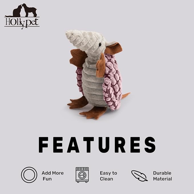 Hollypet Armadillo Squeaky Puppy Dog Toys for Small Medium Dogs, 6" | plush stuffed small dog squeak animal toy with unique grunt squeaker textured fabric for teeth cleaning toys