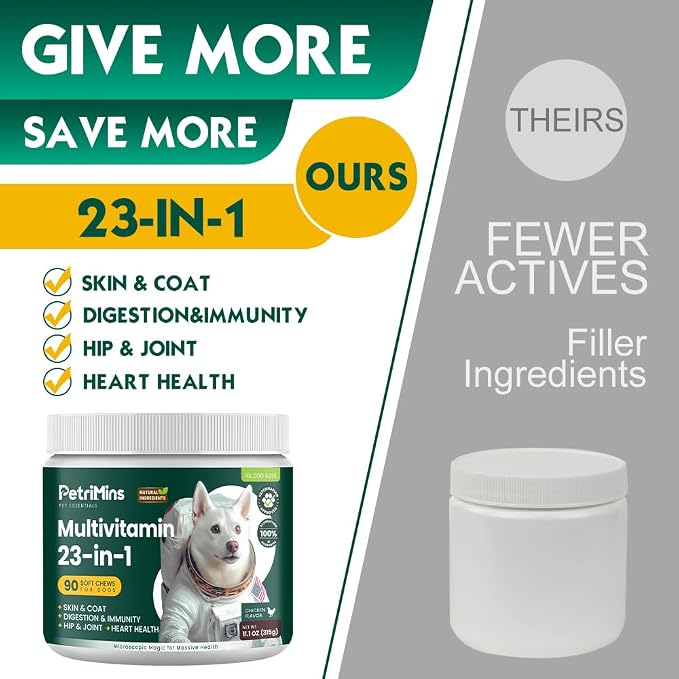 23-in-1 Dog Vitamins Supplements, Multivitamin Treats for Dogs with Glucosamine & Omega-3, Comprehensive Support for Hip & Joint, Digestion, Immune Health, Skin, Heart - 90ct, Chicken
