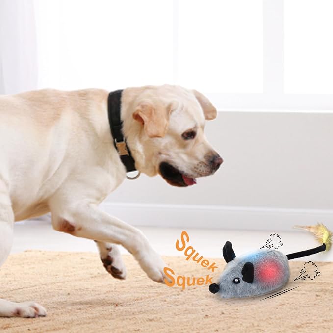 BABORUI Interactive Dog Toys Mouse, Escaping Mice Squeaky Dog Toy with Lights & Auto-Turn, Rechargeable Moving Dog Toys for Small/Medium/Large Dogs & Cats(Grey)
