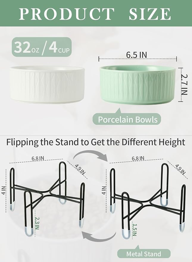32 OZ Ceramic Dog Cat Bowls with Elevated Metal Stand, 2 Heights Elevated, 6.5 Inch Ceramic Round Pet Food and Water Feeder Bowl Dish for Cats & Dogs, White & Green