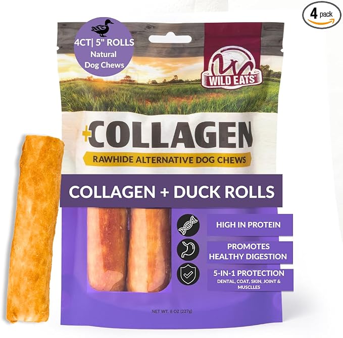 Wild Eats Duck Flavor Collagen Retriever Style Cheek Roll 5" Dog Chews-4 Pack (Long Lasting Dog Chews Treats & Bones for Medium Dogs) Substitute for Pig Ears for Dogs