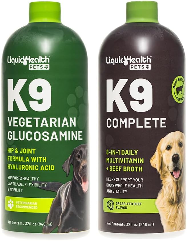 LIQUIDHEALTH Pets K9 Vegetarian Glucosamine Hip & Joint Support Formula & K9 Complete 8-in-1 Multivitamin for Dogs & Puppies - Pet Vitamin Supplement Bundle for Joint Health, Immune Support, USA Made