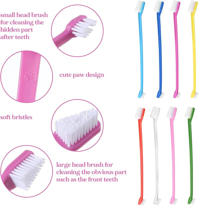 200Pcs Dog Toothbrushes, Dual Headed Dog Tooth Brush Bulk, Long Handle Plastic Pet Toothbrush for Large Small Dogs Cats Puppy Teeth Cleaning Dental Care Supplies 8 Colors