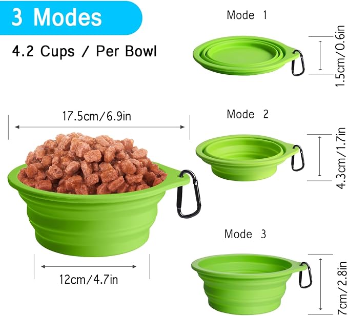 PetBonus Large Collapsible Dog Bowls, 2 Pack, 34oz, Light Blue & Green