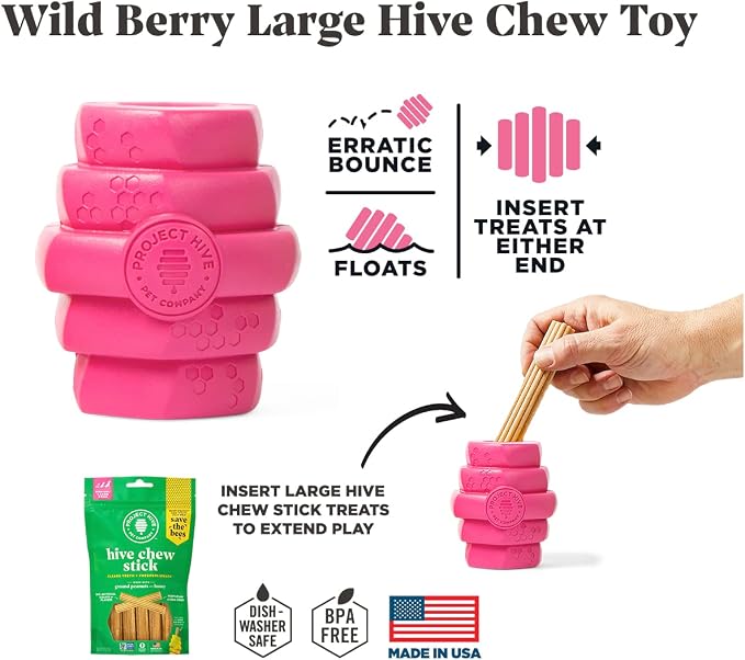 Hive Chew Toy for M/L Dogs – Pink/Wild Berry Scent – Chew, Fetch, & Treat-Dispensing Enrichment Toy, Floats, Made in USA, Pairs with Hive Chew Sticks for M/L Dogs for Longer-Lasting Play