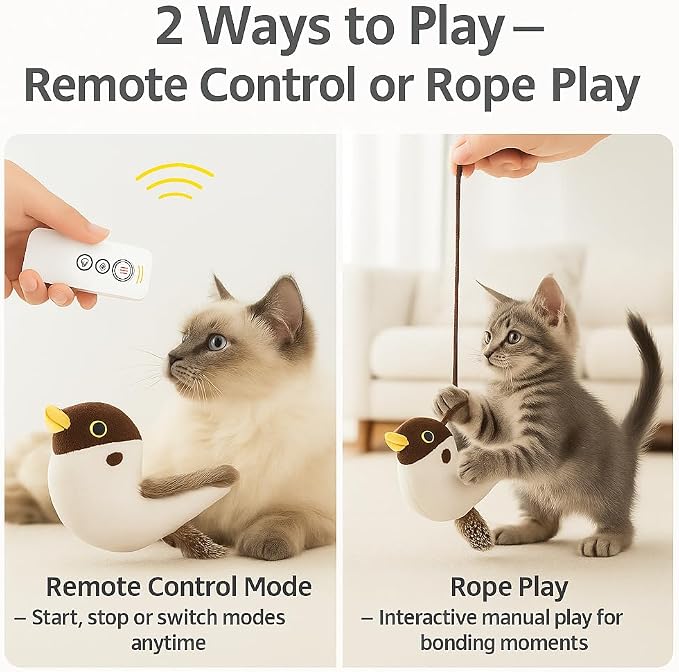 Flying Bird Cat Toy – Remote Control, Flapping Wings & Chirping Sound (Not Flying), USB Rechargeable Motion Toy for Indoor Cats