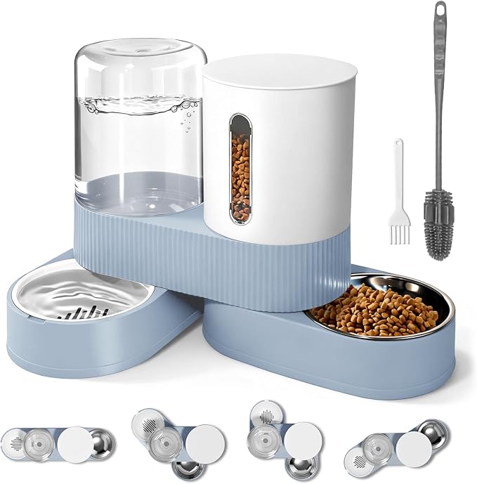Automatic Gravity Cat Dog Feeder and Water Dispenser with 304 Stainless Steel Bowls 2, 2 in, Stainless Steel, Blue