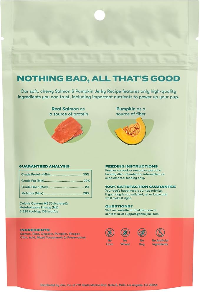 Jinx Tenders Salmon Jerky Dog Treats, All-Natural Ingredients, Soft and Chewy, Low-Calorie, Slow-Smoked Salmon & Pumpkin, No Fillers, 5oz (Pack of 2)