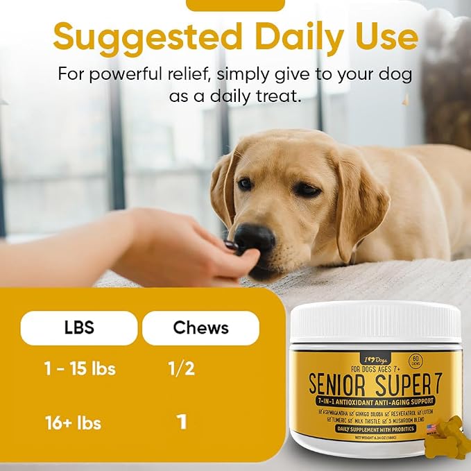 iHeartDogs Senior Super 7 Dog Multivitamin with Probiotics, 60 Chews | Anti-Aging with Antioxidants, Probiotics, Lion's Mane, Turkey Tail, Ashwagandha, Supports Longevity & Cognitive Boost