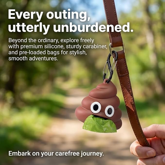 Dog Poop Bag Holder for Leash, Cute Poop Shape Design, Sturdy Dispenser Includes 1 Roll 15 Waste Bags