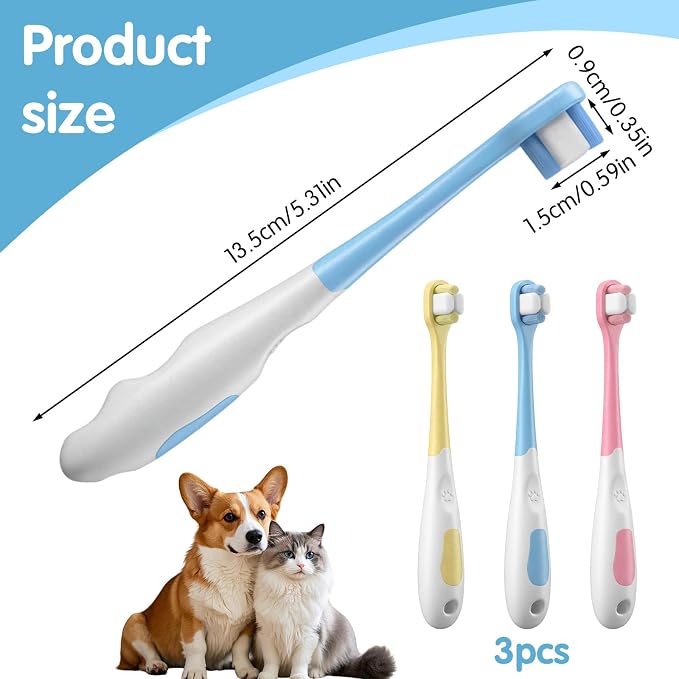 3Pcs Dog Toothbrush Kit for Small Dogs Cats, Ultra Soft Bristles Pet Toothbrush Set for Puppy Kitten Teeth Cleaning, Tiny Brush Head Tooth Brushing Kit (Red, Blue, Yellow)