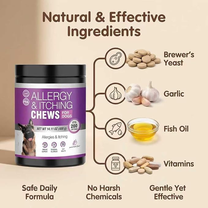 Dog Allergy Chews for Dogs, Itch Relief Support for Itchy Skin, Paw Licking & Itchy Ears, Skin & Coat Health with Colostrum & Probiotics, Chicken Flavor Soft Chews, 200 Count