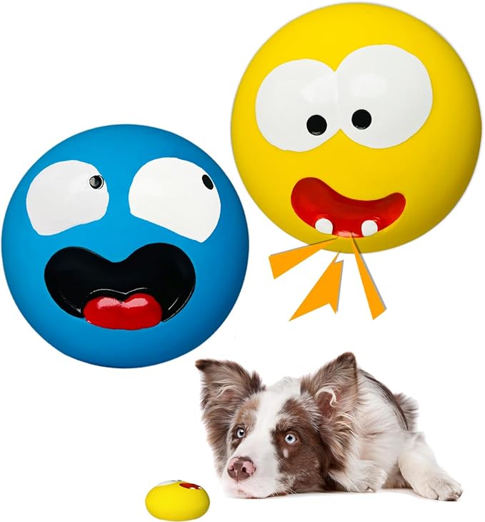 HOLYSTEED 3.3" Latex Squeaky Dog Toy for Large Dog, Medium Breed, Flat Ball | 3.3"x3.3"x1.9" Flat Squeaky Dog Balls 2pcs, Simle Face Puppy Squeak Toys, Soft Pet Ball with Squeaker for Indoor & Outdoor