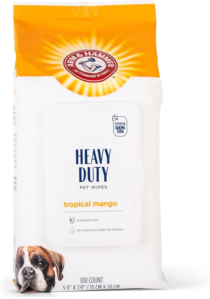 Arm & Hammer for Pets Heavy Duty Multipurpose Dog Wipes, Paw and Butt Wipes for Dogs to Help Clean Deodorize and Freshen Coat and Skin Between Baths, Mango Scent, 100 Count - 12 Pack