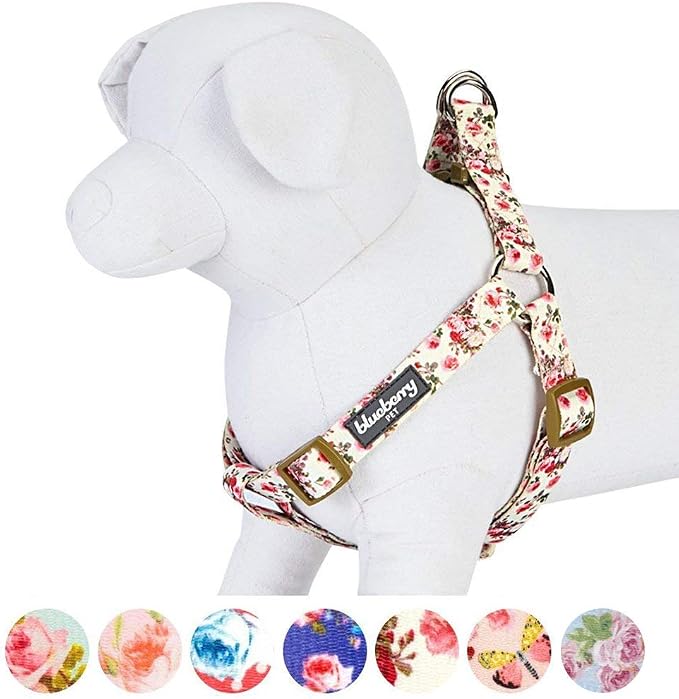 Blueberry Pet 9 Patterns Step-in Spring Scent Inspired Pink Rose Print Ivory Dog Harness, Chest Girth 26" - 39", Large, Adjustable Harnesses for Dogs