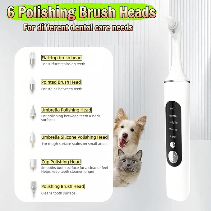 Dog Teeth Cleaning Tool, Electric Dog Toothbrush for Small Medium Large Dogs & Cats, 5 Speeds & 6 Heads Rechargeable Pet Dental Polisher with LED Light, Gentle Oral Hygiene Kit for Home Use (White)