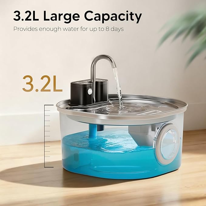 Voluas Stainless Steel Cat Water Fountain: 108oz/3.2L Wireless Cat Fountain Battery Operated for Drinking Indoor, Automatic Pet Water Dispenser Bowl with Ultra Quiet Pump, Easy Clean BPA-Free, 4Filter