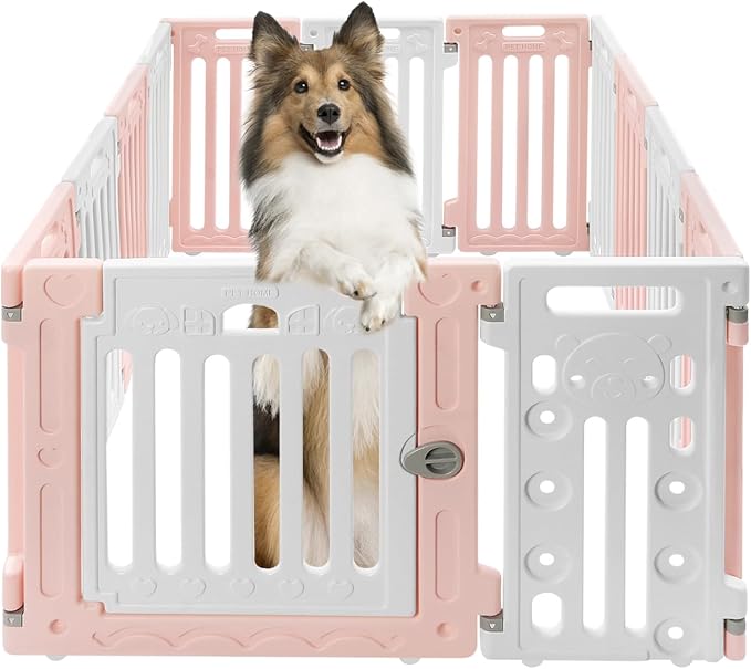 Dog Playpen, Large Pet Playpen with Cute Patterns & 1 Door & 11 Freely Combinable Panels Dog Fence Large Crate for Pets Pet Safety Fence Pet Essentials for Small/Medium Dogs (Pink & White)