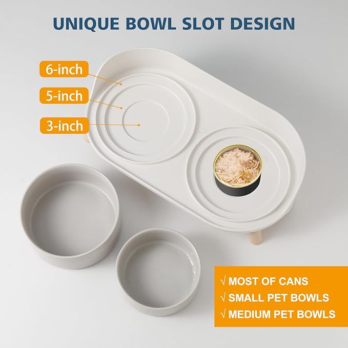 Raised Cat Food and Water Bowl Set - Elevated Ceramic Dishes with Non-Slip Stand and Splash Guard for Small Dogs - 2 x 320 ML (4.9 OZ) - Grey