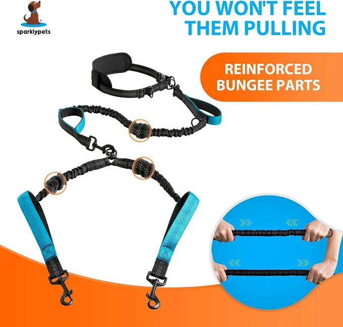 SparklyPets Hands Free Double Dog Leash – Dual Leash for Medium and Large Breeds – Lead for 2 Dogs with Padded Handles, Reflective Stitches, No Pull, Tangle Free