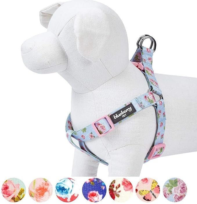 Blueberry Pet 9 Patterns Step-in Spring Scent Inspired Rose Blossom Floral Print Pastel Blue Dog Harness, Chest Girth 16.5" - 21.5", Small, Adjustable Harnesses for Dogs