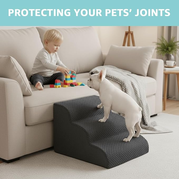 Oiilores Dog Stairs for Small Dogs 15" H, 3-Step Dog Steps Ramp for Couch Sofa and Chair with Anti-Slip Washable Cover and Durable High Density Foam, Pet Stairs for Cats, Grey
