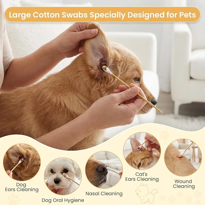 300 PCS Large Cotton Swabs - 6 Inch Dog Ear Swabs with Bamboo Handle for Pet Care - Absorbency Soft Cotton Head, Gentle and Lint-Free, Specifically Designed for Pets, Dog Ear Cleaner Tool