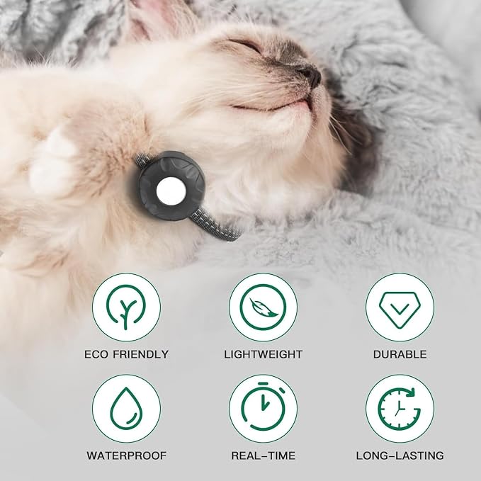 Cat Tracker,No Monthly Fee GPS Trackers for Cats Work with Apple Find My App(iOS Only),Real-Time Location Tracking,Cat Tracker GPS Collar with Safety Elastic Buckle-Black