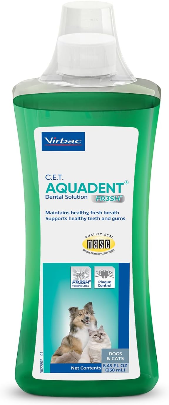 C.E.T. Aquadent Fr3sh Dental Solution for Dogs & Cats, 250 ml | VOHC approved for dogs, pet dental care, liquid pet breath freshener, supports digestive health, just add water