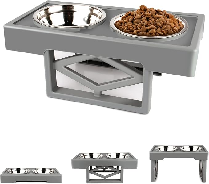 Elevated Dog Bowls for Large Dogs, Medium and Small - Raised Dog Bowl Stand Feeder Dog Dish Food Bowls - Double Stainless Steel Food and Water Bowls, 3 Heights, 2.8”, 7.7”, & 11.8” (Grey)