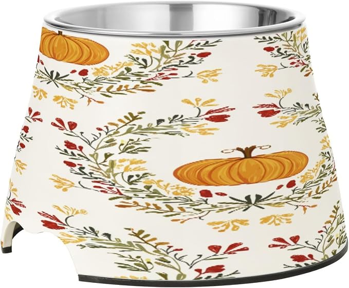 Blueangle Elevated Dog Bowls with Stainless Steel - Non-Slip 2.3 Cup High Capacity Pet Dish for Spinal Health & Pumpkins and Wreaths Design（116）