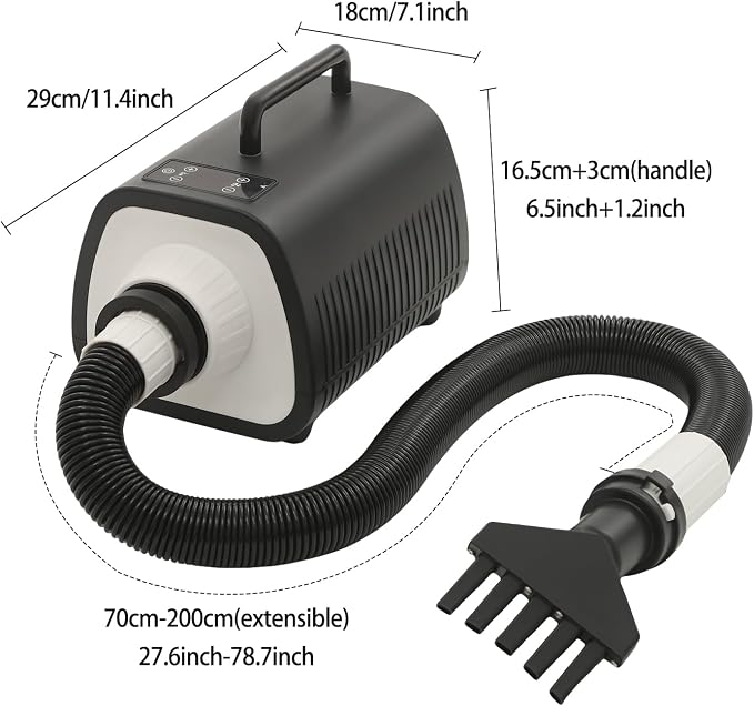 Pet Hair Dryer 2100W Adjustable Speed Temperature for Dogs Cats Home Use | Adjustable 1-9 speed/temperature – 2100W motor, 120000rpm – ABS housing – insulated handle – overheat protection – 3 nozzles