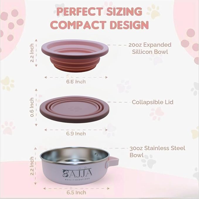 3-in-1 Travel Dog Bowl Set – 30 OZ Stainless Steel + 20 OZ Collapsible Water Bowl Lid | BPA-Free, Anti-Slip, Portable Dog Bowl w/Handle/Poop Bag Holder with Carabiner | Pink Bowls